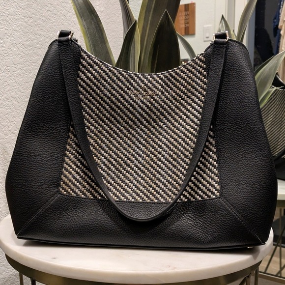 Kate Spade New York Handbags - Kate Spade Lena Straw Triple Compartment‎ Shoulder Bag Black Pebbled Leather